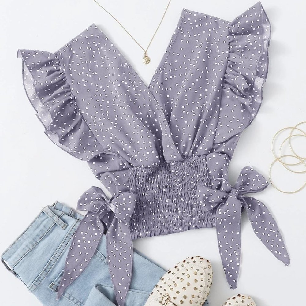 Polka Dot Ruffle Trim Tie Side